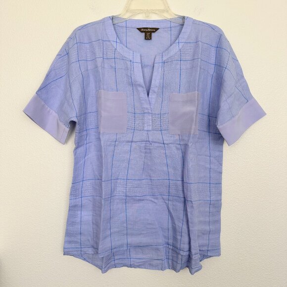 Tommy Bahama Women's Popover Linen Short Sleeve Blouse Blue Grid Size Small NEW - Picture 1 of 7